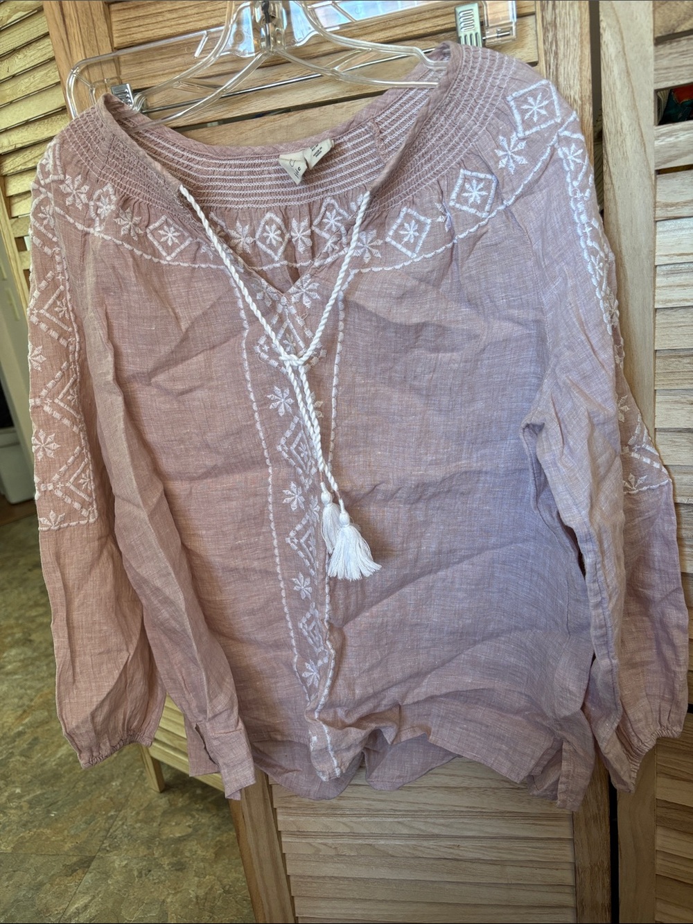 FINAL MARKDOWN Joie Embroidered Peasant Blouse with Tassel Tie - Dusty Rose Med